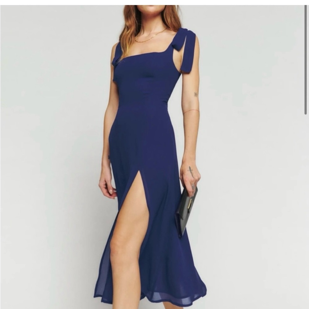 Reformation Navy Blue Tie-Shoulder Midi Dress With Thigh Slit